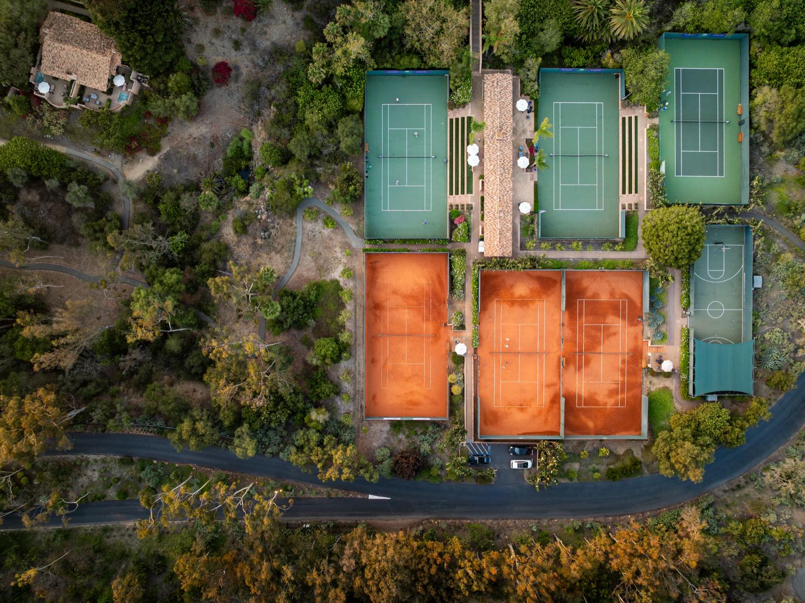 Aerial view of the Plexipave and red clay courts at Rancho Valencia, Rancho Santa Fe