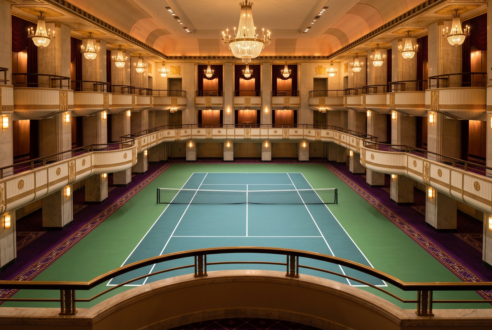 A full-size tennis court laid across the floor of a grand Art Deco ballroom, seen from a balcony box above, with tiered galleries and chandeliers surrounding it
